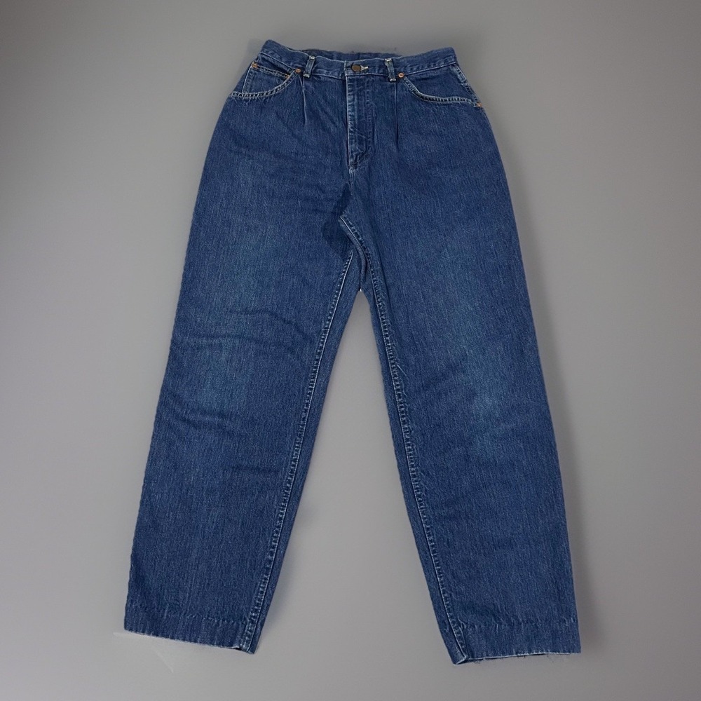 Vtg Lee Riders Womens Dark Indigo Pleated High Waist USA Denim Mom Jeans 29x27